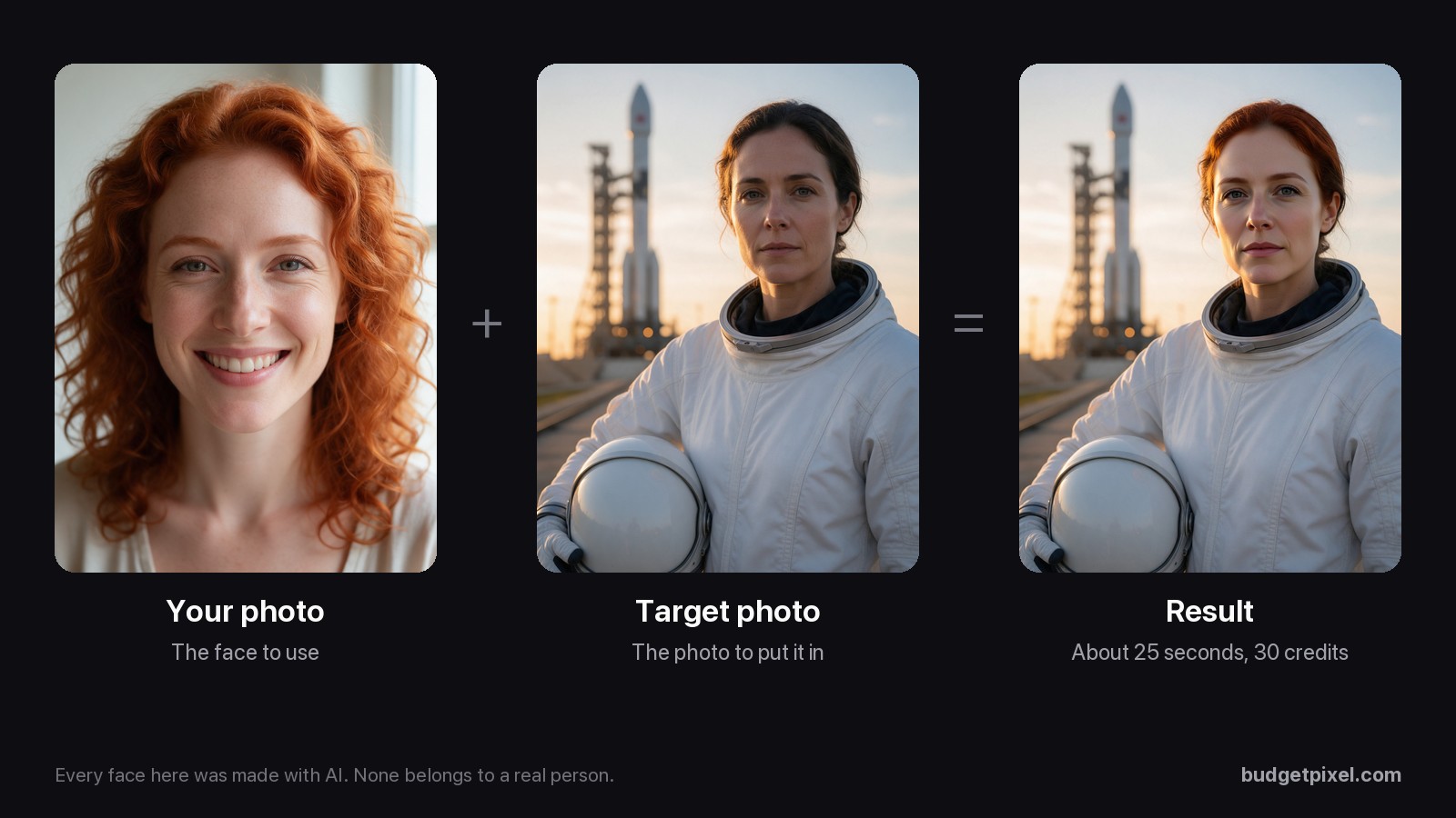 A face swap in three panels: a photo of a smiling red-haired woman, a photo of an astronaut on a launch pad, and the result with the woman's face on the astronaut. All three faces were made with AI.