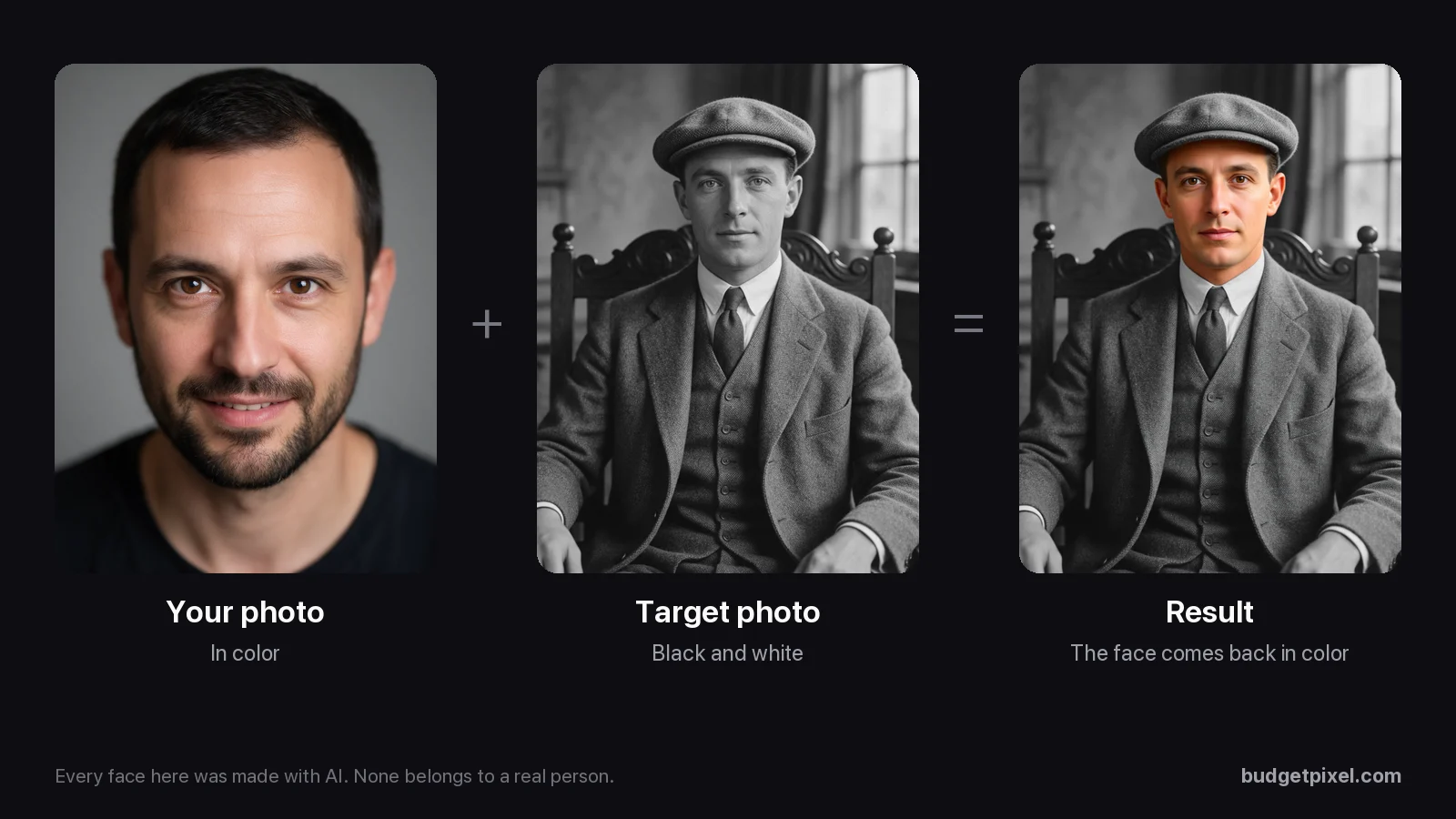 Three panels: a color photo of a bearded man, a black-and-white 1920s portrait of a man in a flat cap, and the result, where the face is in color while the rest of the photo stays gray