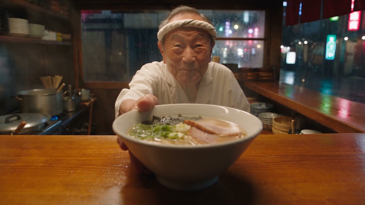 A Seedance 2.5 test clip: an elderly ramen chef slides a steaming bowl across the counter toward the camera and says "Careful, it's hot." while rain streaks the window behind him