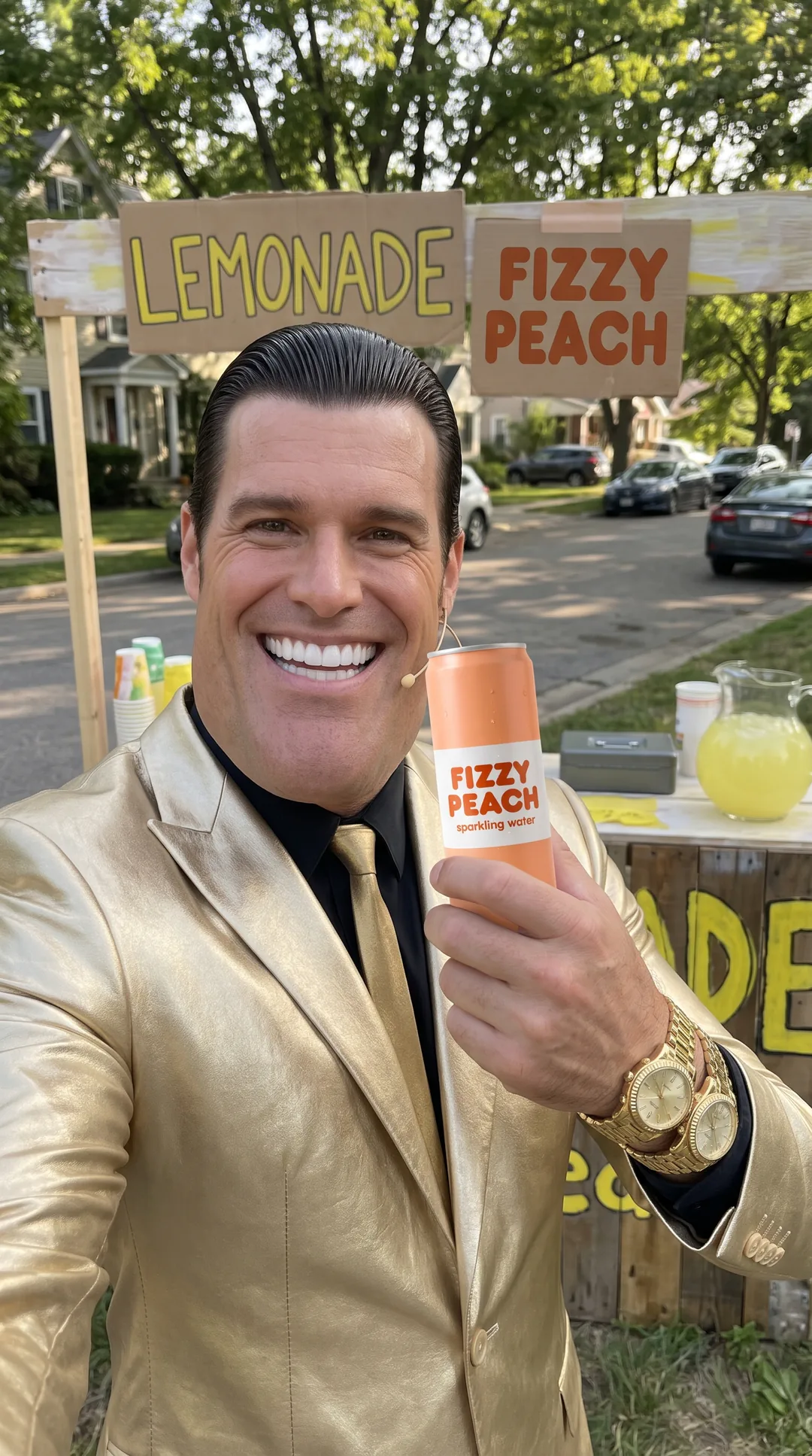 @chad holding the Fizzy Peach can at his lemonade stand
