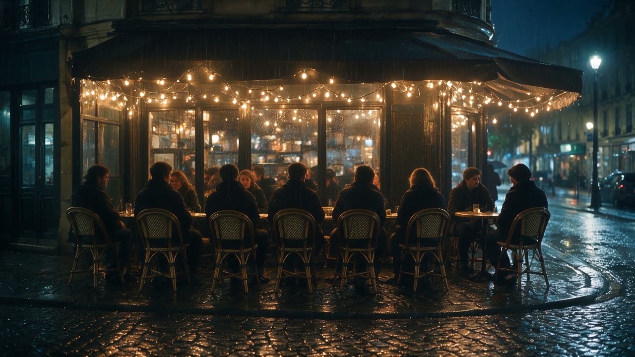 A Wan 3.0 test clip made from a first and a last frame: a street-corner cafe goes from an empty sunrise to a rainy night with string lights and every chair taken