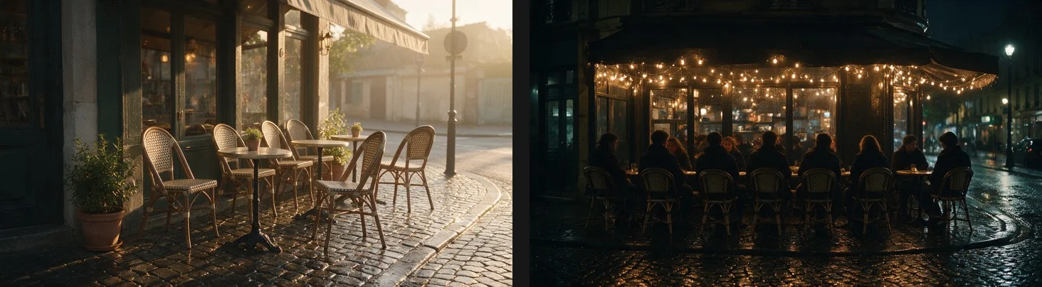 Two frames of the same street-corner cafe: on the left, empty bistro chairs at sunrise on wet cobblestones; on the right, the cafe at night in the rain under string lights, every chair taken.