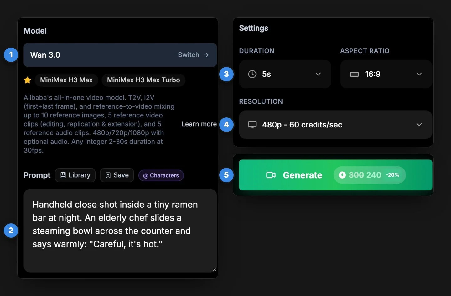 The BudgetPixel Video Workshop set for Wan 3.0: the ramen prompt, 5 seconds at 16:9, 480p at 60 credits a second, and the Generate button showing 300 credits, 240 after Ultra's 20% off.