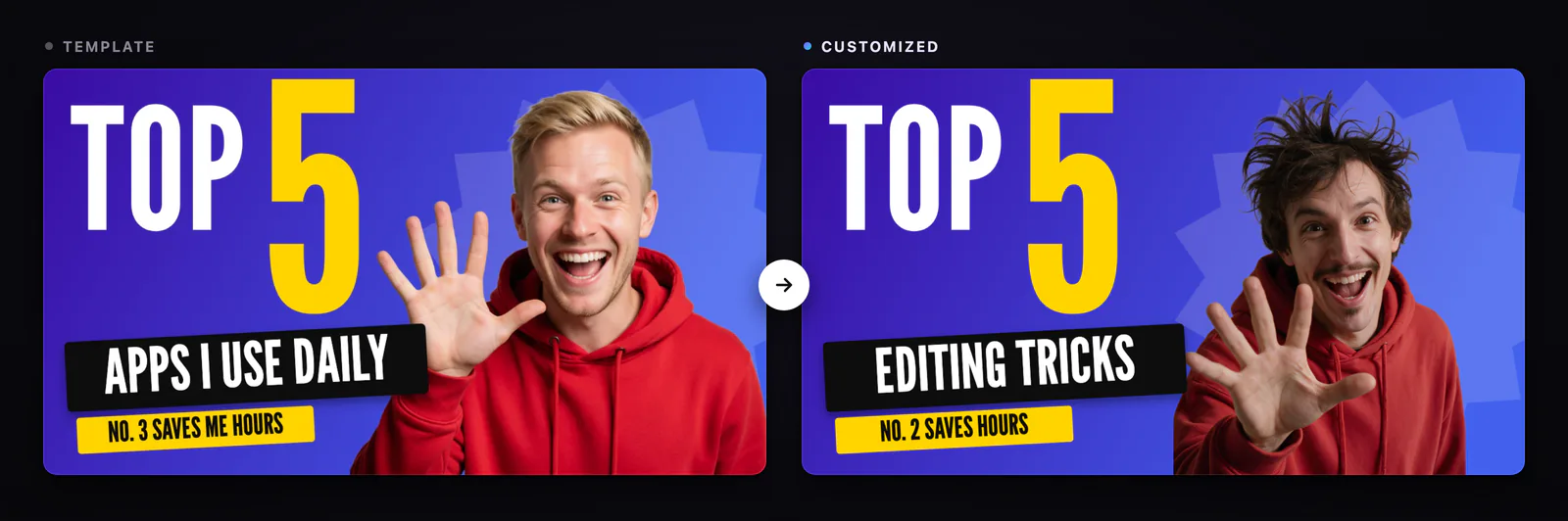 The Top 5 template before and after: a new title and @barry as the host