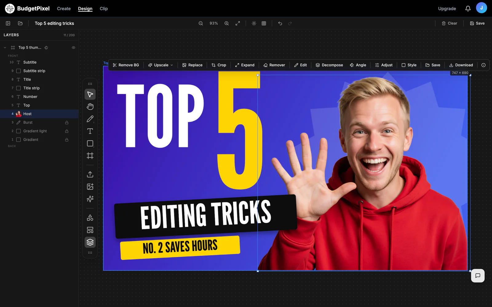 A 1280 × 720 thumbnail mid-edit in Design Studio