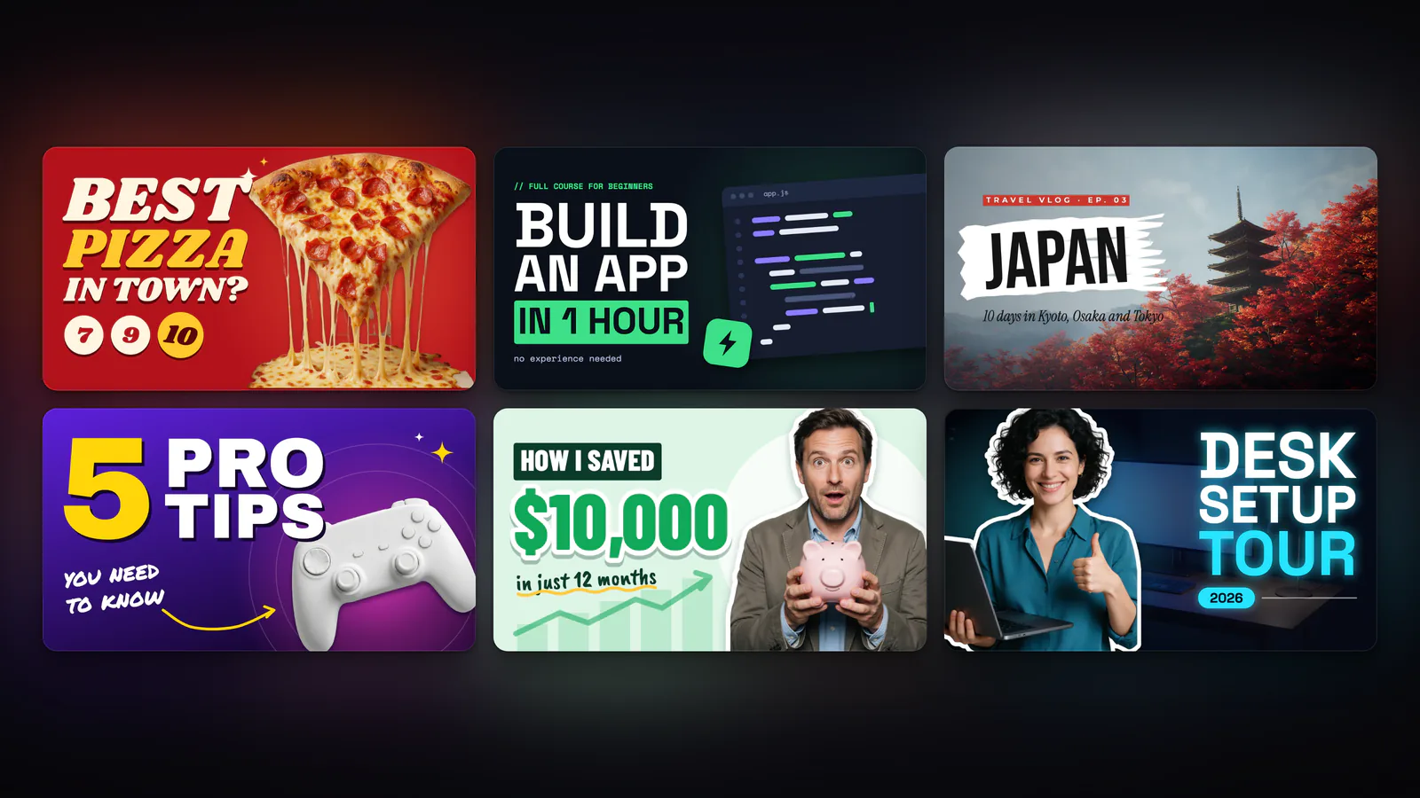 Six YouTube thumbnail templates from Design Studio: a pizza taste test, a coding tutorial, a Japan vlog, gaming tips, a savings story and a desk setup tour