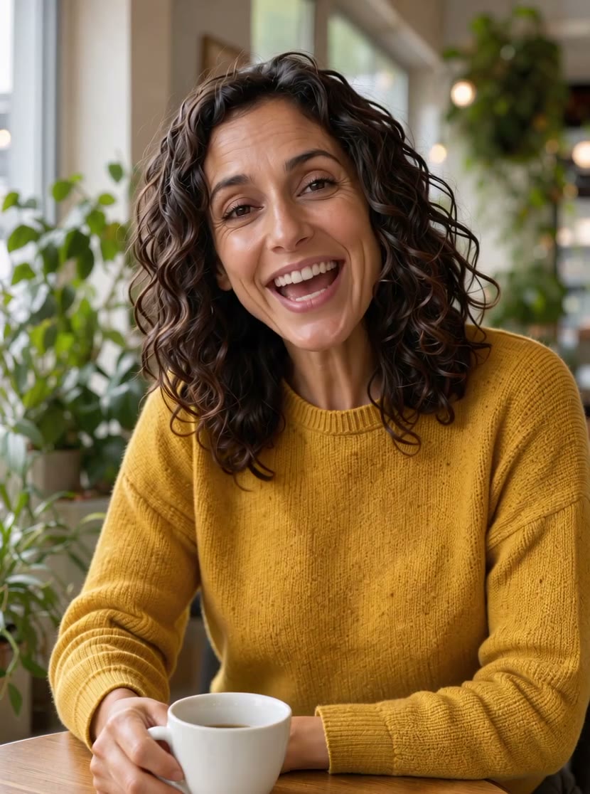 A woman with curly dark hair at a sunny café table, talking in Spanish in an OmniHuman 2.0 video