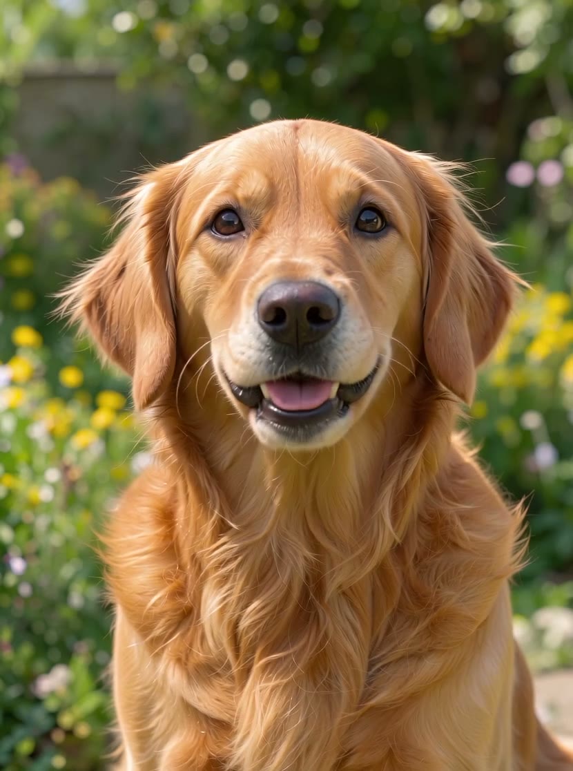 A golden retriever in a garden, talking excitedly in an OmniHuman 2.0 video