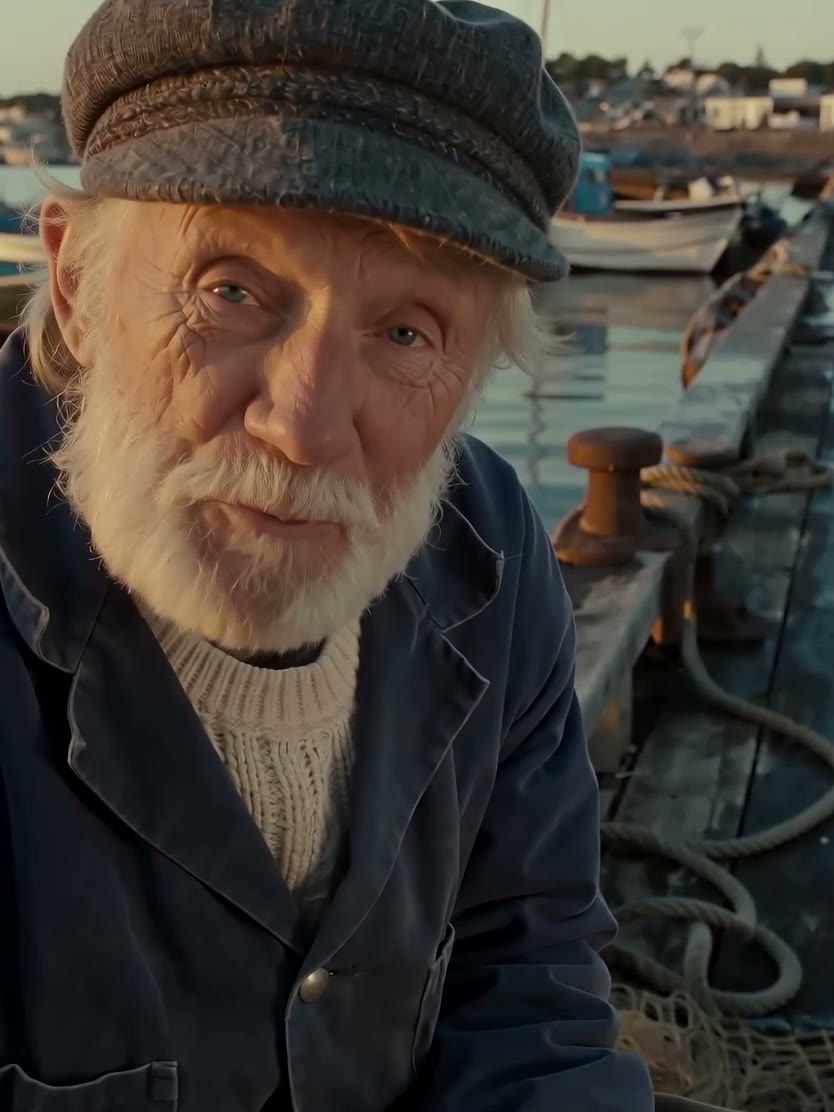An old fisherman on a harbor at dawn, talking to the camera in an OmniHuman 2.0 video