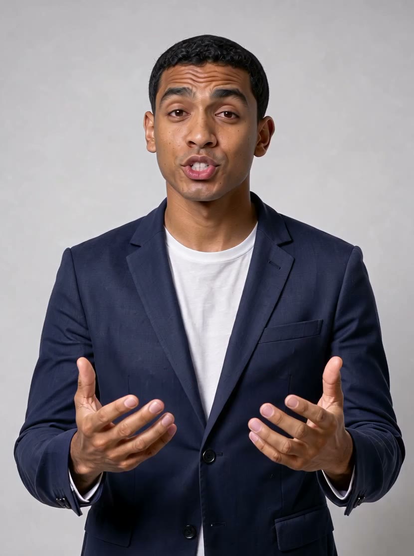 A presenter in a navy blazer explaining with open hands in an OmniHuman 2.0 video