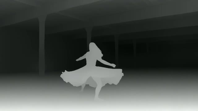 A frame of the dancer clip as a grayscale depth map: the dancer bright white, the warehouse fading to black