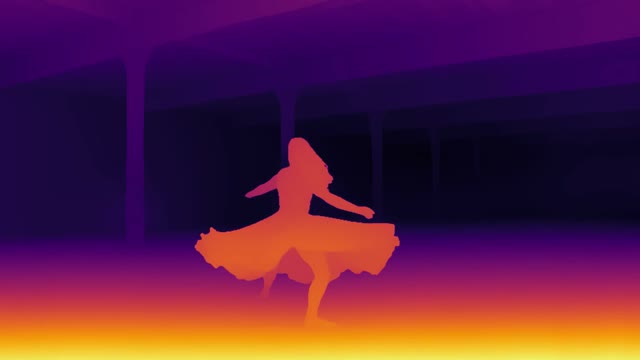 The same frame in the inferno colour map: near in yellow, far in deep purple