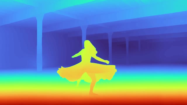 The same frame in the turbo colour map: near in red, far in blue
