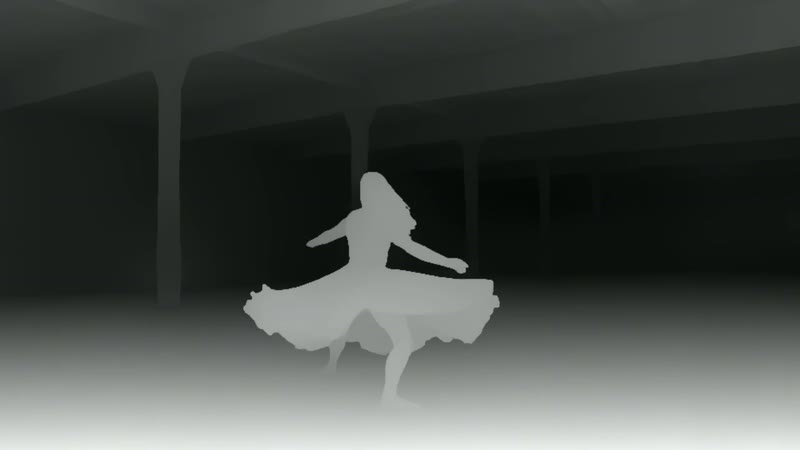 The same frame as a depth map made by Video Depth Anything Large, with the finest edges
