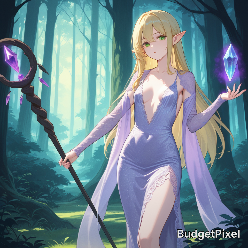 Elf sorceress in a moonlit forest holding a crystal-tipped staff with glowing gems