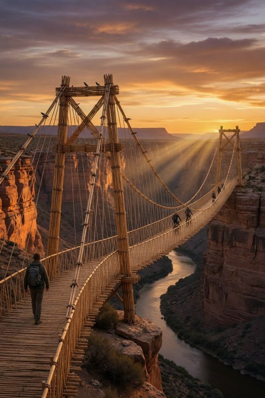 [Handmade bamboo suspension bridge spans a red rock canyon at golden sunset, hikers crossing above a winding river]