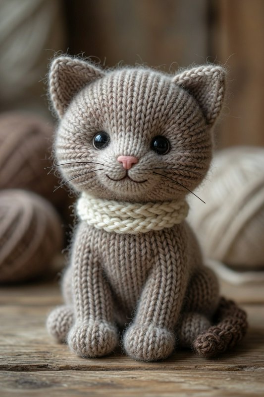 Handmade knitted taupe cat plush with cream scarf, sitting on rustic wood with blurred yarn balls...