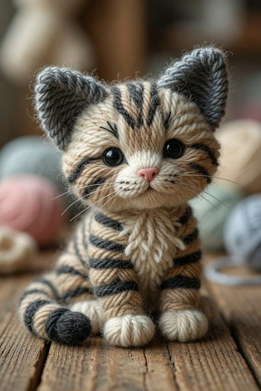 Handmade textured yarn tabby kitten amigurumi sits on a rustic wooden table with blurred yarn bal...