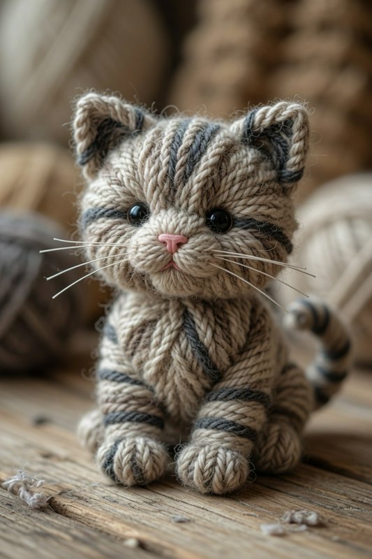 Cute hand-knit striped tabby cat amigurumi sits on a rustic wooden table, blurred yarn balls in w...