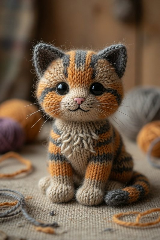 Cute hand-knit tabby kitten amigurumi sits on a craft table surrounded by soft yarn balls and loo...