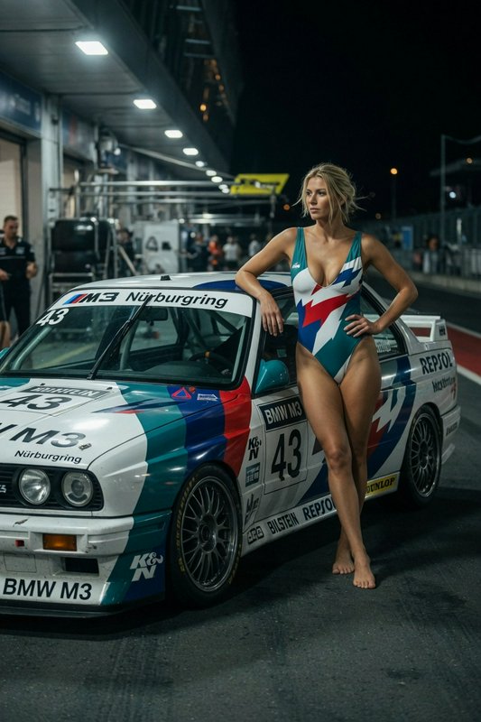 Blonde model in patterned swimsuit leans on a livery BMW M3 race car in a lit night race pit lane