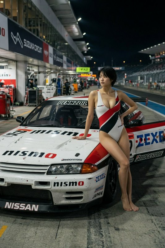 East Asian model in striped swimsuit leaning on a vintage Nismo Nissan race car at Suzuka Circuit...