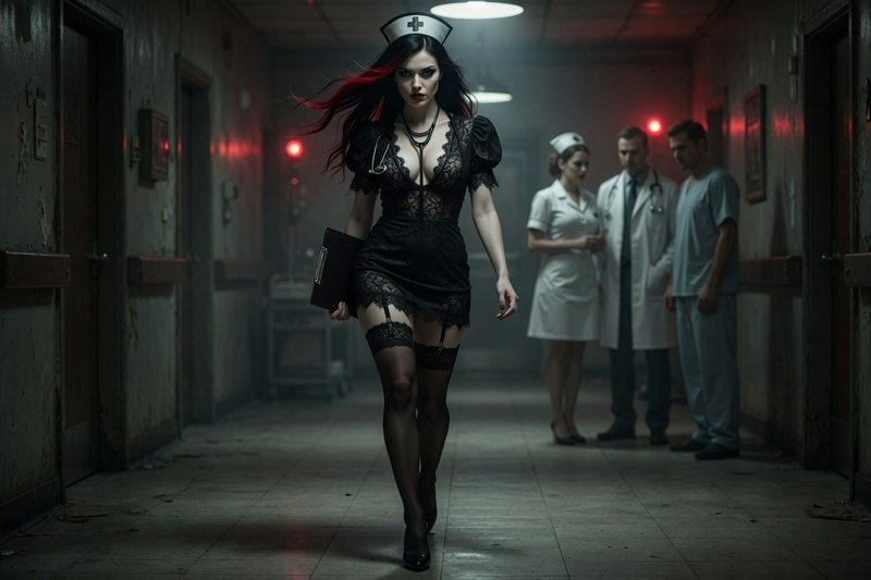 Gothic dark nurse in black lace uniform walks down eerie decaying hospital corridor, medical staf...