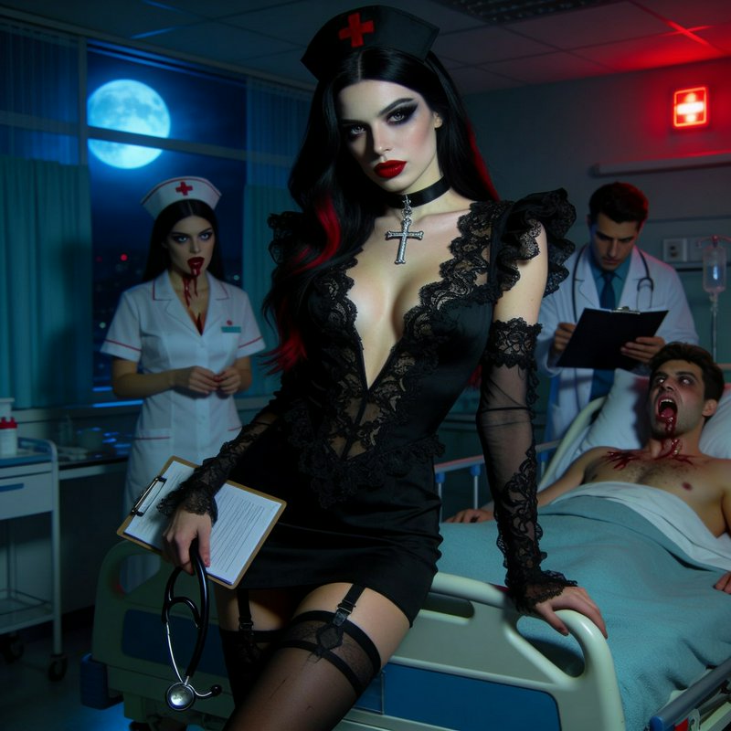 Gothic vampire nurse in black lace leans on a hospital bed in a moonlit spooky hospital room with...