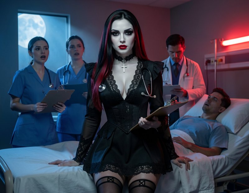 Gothic vampire nurse leans on a hospital bed holding a clipboard, with shocked medical staff and ...