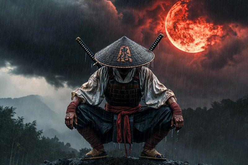 Crouching traditional samurai with dual katanas beneath a glowing red blood moon during a stormy ...