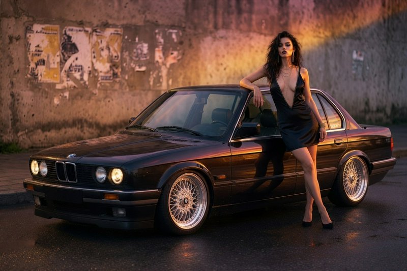 Glamorous woman in a black satin dress leaning on a vintage black BMW E30 parked on a wet urban s...