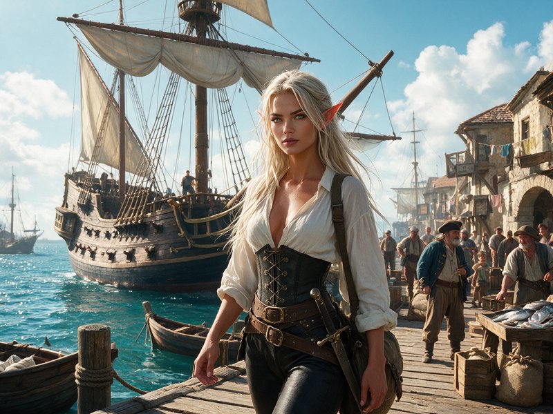 Platinum blonde elf adventurer walks on a sunlit fantasy port dock, with a tall wooden galleon an...