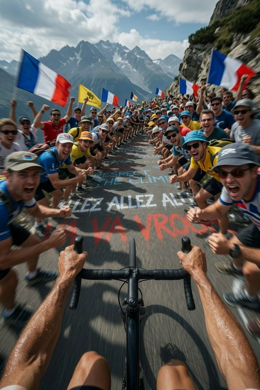 First-person POV from road cyclist climbing an alpine race pass, cheering crowd with French flags...