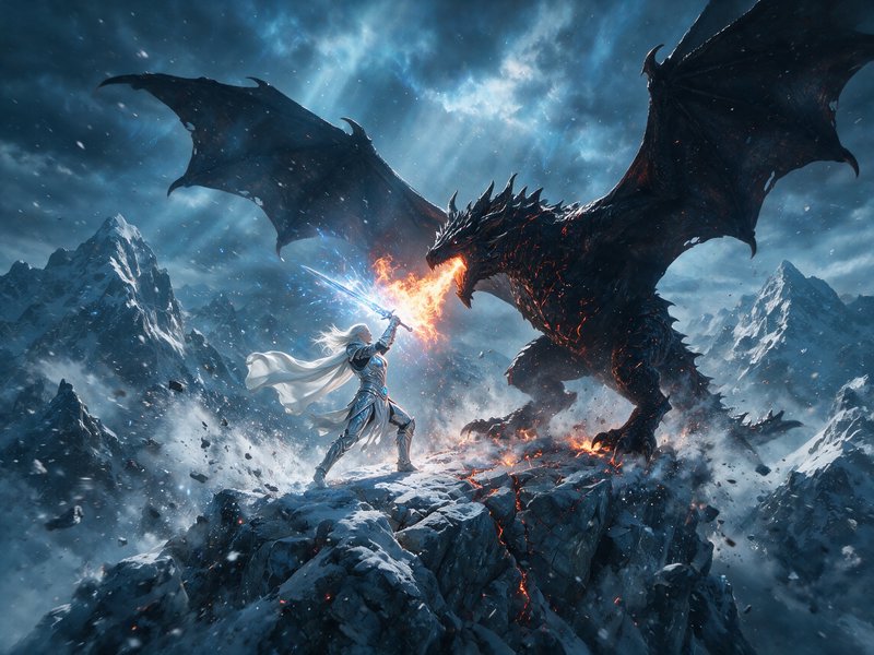 Armored fantasy warrior with glowing sword battles fire-breathing dark dragon on a stormy snowy m...