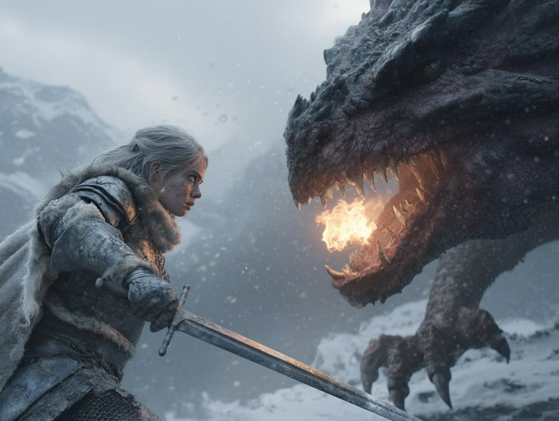 A platinum-haired armored warrior holding a sword faces a fire-breathing dragon in a snowy mounta...