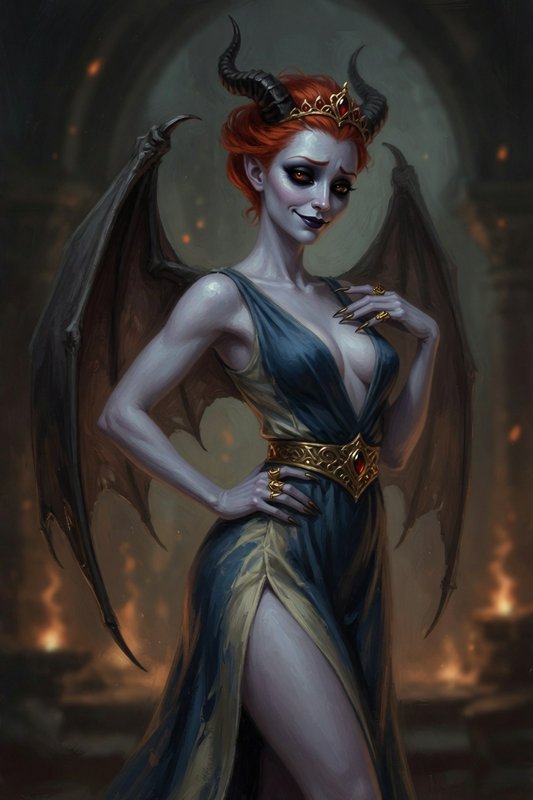 Regal pale demon queen with horns, bat wings, red hair, and royal gown stands in a dark fiery got...