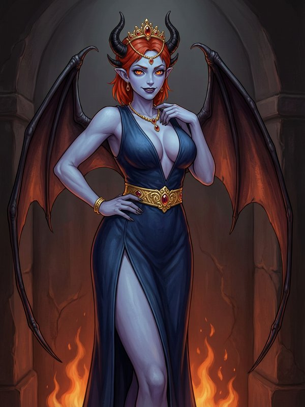 Regal blue-skinned demon queen with horns, bat wings, and crown stands confidently before a fiery...