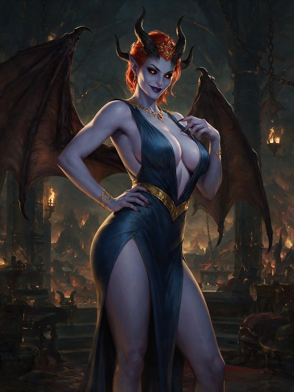 Regal succubus demon queen with horns and bat wings smirks while standing in a fiery gothic hell ...