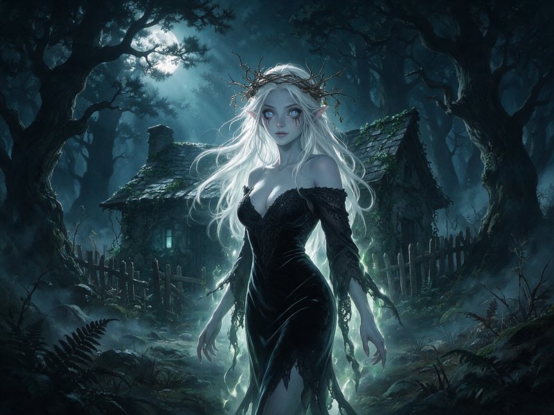 Ethereal pale elven fae woman with twig crown stands in misty moonlit dark forest before an old m...