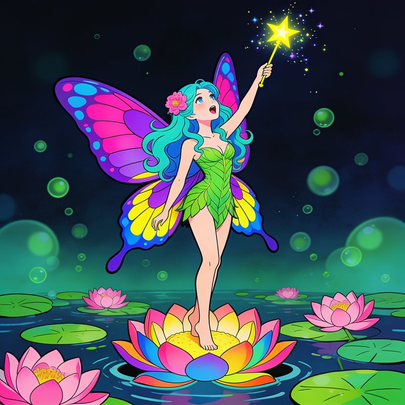 Anime fairy with colorful butterfly wings stands on a rainbow lotus holding a glowing magic wand ...