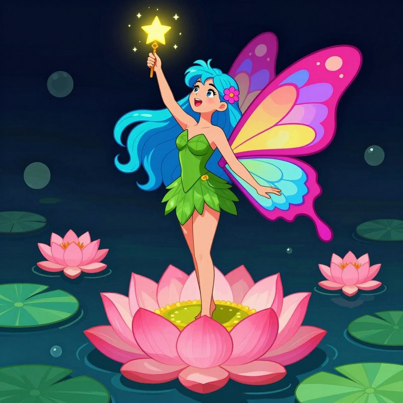 Cheerful blue-haired fairy with rainbow wings holds a glowing star wand while standing on a pink ...