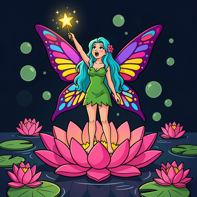 Cartoon fairy with rainbow butterfly wings holds a glowing star wand while standing on a giant pi...