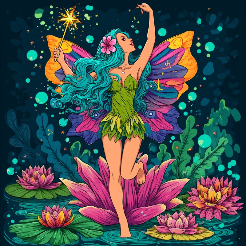 Colorful pop art fairy with turquoise hair holds a glowing magic wand while standing on a large p...