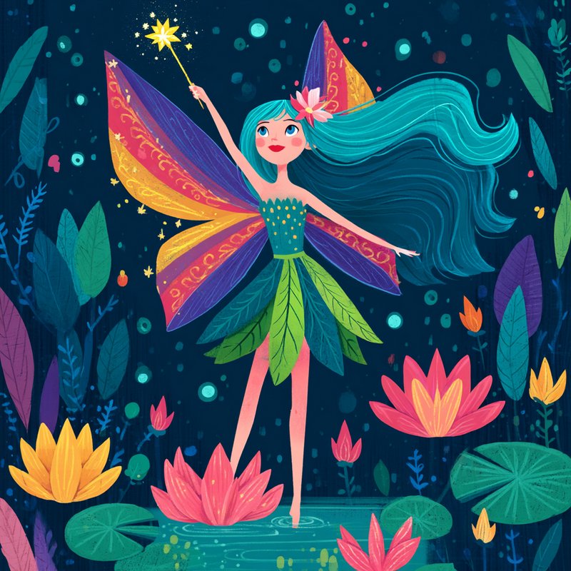 Whimsical teal-haired fairy with rainbow wings holds a sparkly wand while standing in an enchante...