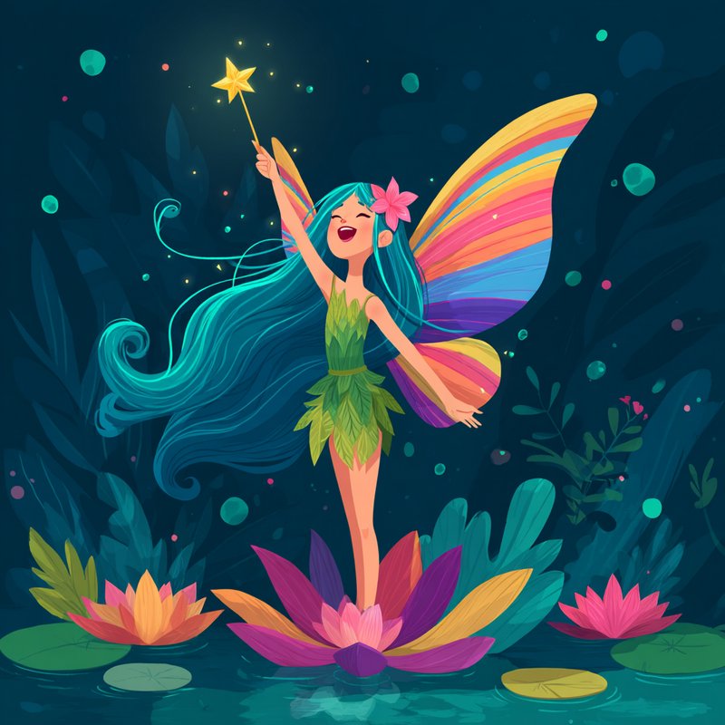 Joyful winged fairy holding a glowing star wand stands on a lotus flower in a dark magical forest...