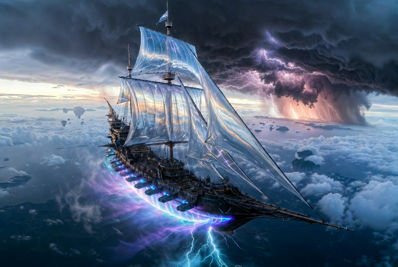 Fantasy flying galleon airship with glowing crystalline sails soars above clouds beneath a stormy...