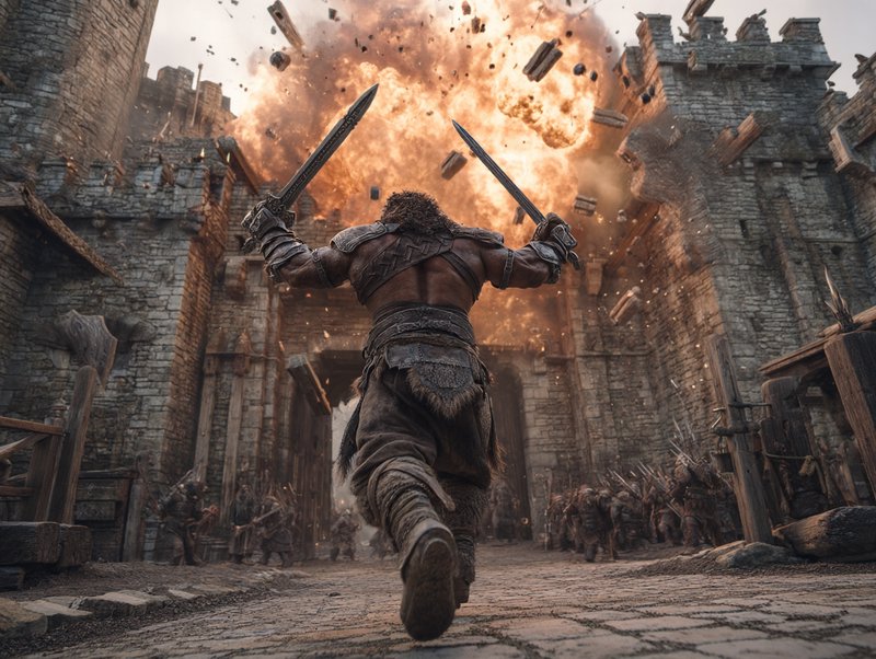 Back view of a dual-sword wielding barbarian charging through an exploding castle gate during a m...
