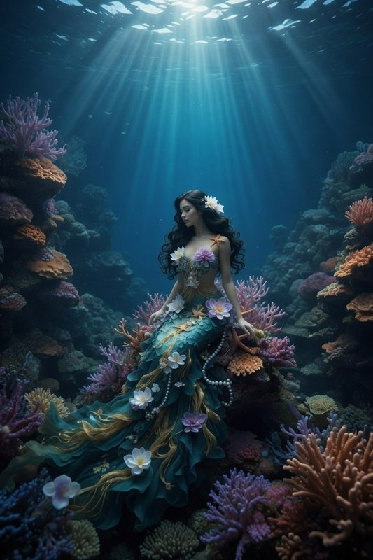 Ethereal mermaid sits on a vibrant coral reef as golden sunbeams filter down through deep blue oc...