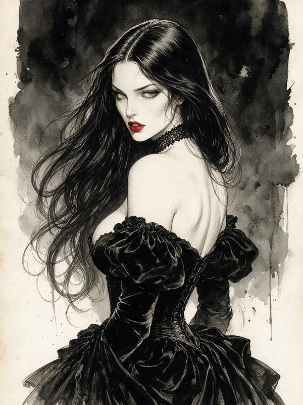 Pen and ink gothic portrait of a woman with long dark hair, bright green eyes, red lips, and a bl...