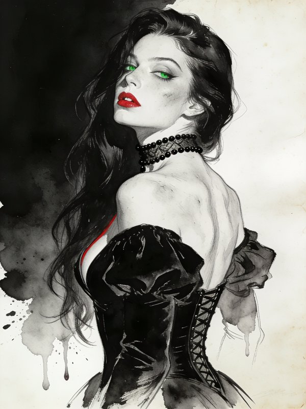 Ink wash portrait of a gothic woman with bright green eyes, red lips, and black corset looking ov...